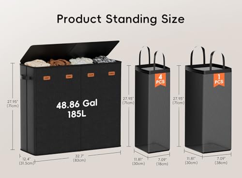 185L Laundry Hamper 4 Section with Lid - color: Black, size: 48.86 Gal - 4 Section