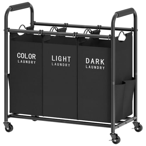 Tajsoon 3 Bag Laundry Sorter Cart, Laundry Hamper 3 Section, Black - color: Black, size: 3 Bag