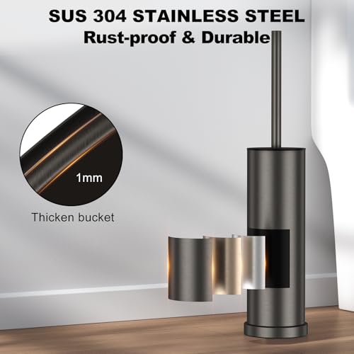 Pewter Toilet Brush and Holder Set，Stainless Steel Heavy Duty Toilet Bowl Brush，Extra Long Handled Modern Toilet Cleaner Brush with Replaceable Head, Removable Inner Bowl, and Splash Protection - color: Pewter