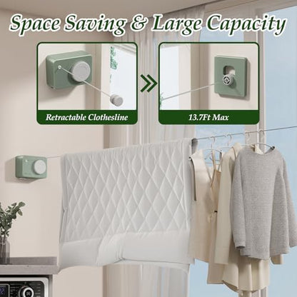 Danpoo Retractable Clothesline Heavy Duty - 13.8ft Adjustable Tension Wall Mounted Indoor Outdoor Clothes Drying Line, Compact Laundry Rope with Pulley System(Green) - color: Green