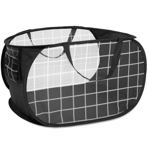 Collapsible Laundry Baskets with Side Pocket, Mesh Pop Up Clothes Hamper for Laundry, Foldable Laundry Basket Storage Hamper with Reinforced Handles for Clothes, Toys, Home, Dorm -Grid Print, Black - color: black