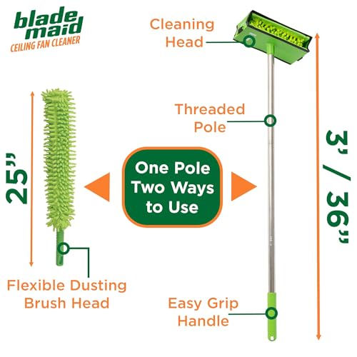 Blade Maid Ceiling Fan Blade Cleaner & Duster | Extendable Pole for High Ceilings, Moldings, Blinds, Walls & Cars, Corner Cleaning Tool, with Reusable Microfiber Pads | Size 3 feet (Pack of 1) - size: Blade Maid + Feather Duster