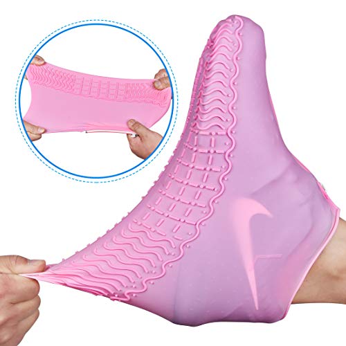 Shiwely Waterproof Shoe Covers, Silicone Reusable Shoe Cover Non-slip Durable Zipper Elastic Rain Cover Protection for Men Women (L (Women 7.5-10.5, Men 6.5-9), Pink) - color: Pink, size: L (Women 7.5-10.5, Men 6.5-9)