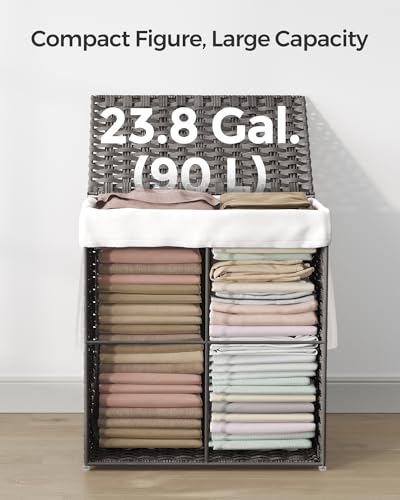 SONGMICS Laundry Hamper with Lid, 23.8 Gal (90 L) Synthetic Rattan,Foldable - color: Dove Gray, size: 90 L