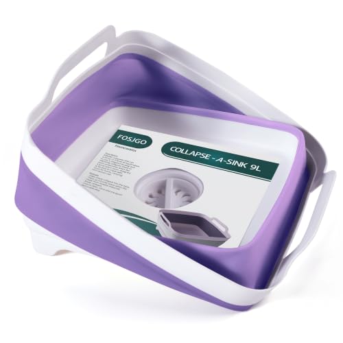 FOSJGO Collapsible Dish Basin with Drain Plug, Foldable Sink, 2.4 Gal (9L) - color: Purple