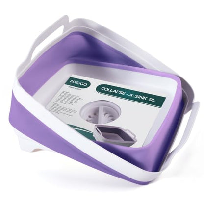 FOSJGO Collapsible Dish Basin with Drain Plug, Foldable Sink, 2.4 Gal (9L) - color: Purple