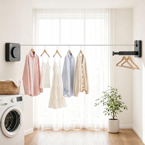 Anti-Sag Retractable Clothesline 40LB Capacity - 201in Stainless Steel Laundry Line for Indoor Outdoor, Wall Mounted Space Saving Easy Install (Gray, with Pole) - color: Gray, size: With pole