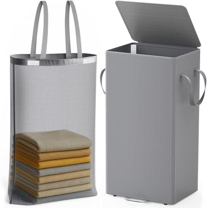 Criusia Laundry Hamper with Lid and Foot Pedal, 100L Fabric Laundry Basket with Removable Mesh Bag, Slim Foldable Design for Bathroom and Laundry Room (Gery)