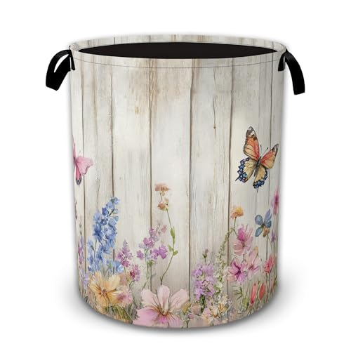 Collapsible Laundry Basket,Rustic Floral Waterproof Oxford Cloth Hamper with Handles,Butterfly Garden 16 x 20.8 Inch Portable Storage Organizer for Laundry Room Bedroom - color: Rustic Floral,Butterfly Garden