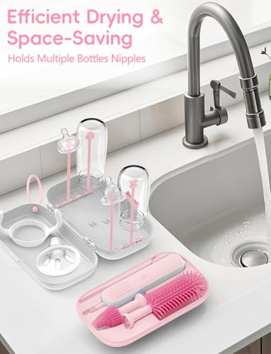 Electric Baby Bottle Brush Cleaner, Baby Travel Bottle Cleaner Kit- 2000mAh Rechargeable Silicone Brush, Drying Rack, Compact Storage Box, 360° Efficient Cleaning Bottle Brush for Home & On-The-Go - color: Pink