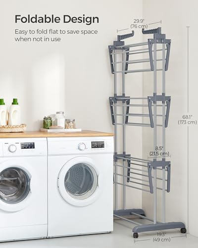 SONGMICS 4-Tier Clothes Drying Rack, Foldable, Rolling, 66.6-Inch Tall - color: Dove Gray, style: 4-Tier