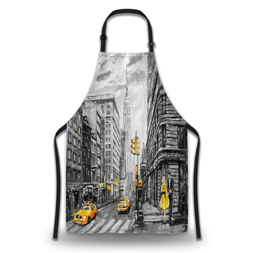 Baking Apron for Women Oil Painting Street View of New York Funny Aprons for Men for Kitchen Cooking Restaurant BBQ Painting Crafting 27” (W) x 31” (H), Waterproof Apron - color: Street View of New York