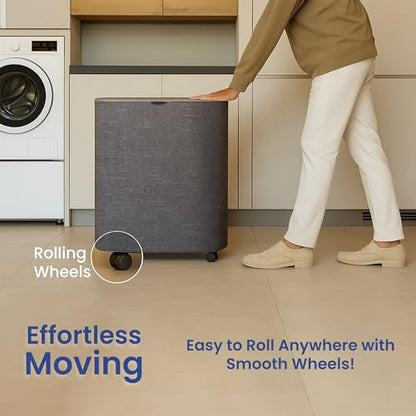 XABITAT Dual Section 90L Laundry Basket with Wheels and Lid – Tall divided Double Laundry Hamper with 2 Removable Washable Bags, Large Laundry Sorter for Easy Clothes Separation
