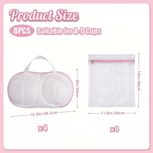 8 Pcs Bra Washing Bags, Lingerie Bag for Washing Brassiere, Pink, A-D Cups