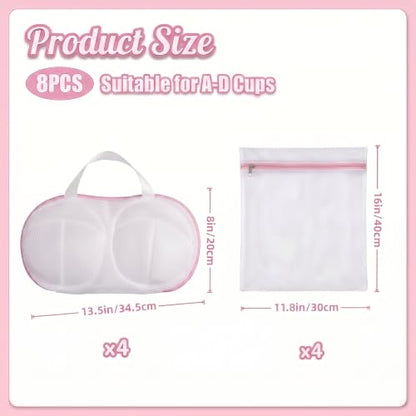 8 Pcs Bra Washing Bags, Lingerie Bag for Washing Brassiere, Pink, A-D Cups