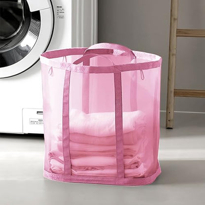 Mesh Bag with Handles, Collapsible Laundry Basket, Foldable Laundry Bag, Breathable Folding Beach Bag,Space-saving Travel Tote Bags (1, Pink) - color: Pink