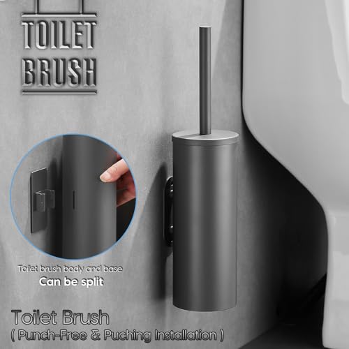 Gray Toilet Brush and Holder Set Stainless Steel No-Punch Hook Base - color: Gray