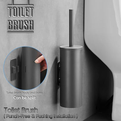 Gray Toilet Brush and Holder Set Stainless Steel No-Punch Hook Base - color: Gray