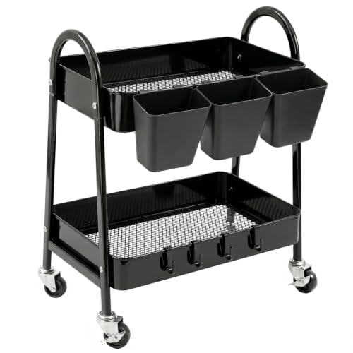 danpinera 2-Tier Rolling Cart, Utility Cart Mobile Metal Rolling Storage Cart with Lockable Wheels & Hanging Cups & Hooks for Kitchen, Bathroom, Office, Workshop, Purple - color: Black, size: 2 tier