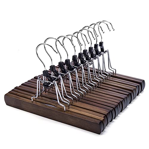 Nature Smile Wooden Pants Skirt Hangers, Smooth Finish Solid Wood Non Slip Jeans Slack Clamp Hangers Hair Extension Hangers (10 Pack Retro)… - color: Retro