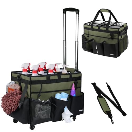 Extra-Large Rolling Cleaning Caddy with Wheels,Cleaning Caddy Bag with Detachable Trolley,Water Resistant Lining Cleaning Supply Organizer with Handle for Cleaners,Housekeepers (Army Green) - color: Green Rolling, size: Extra-Large