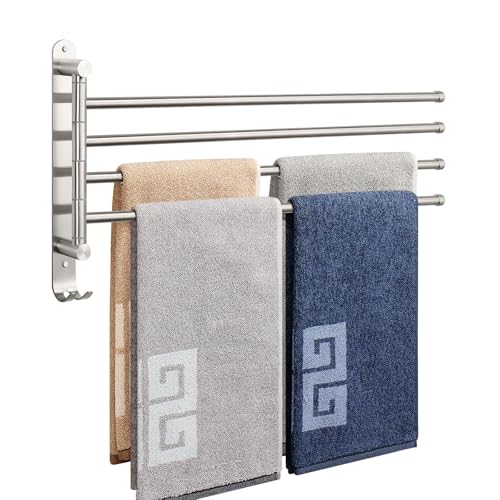 NearMoon Swivel Towel Rack, 19.5" Thicken 304 Stainless Steel 4-Arm Towel Bar, Space Saving Wall Mounted Towel Holder with Hook, Rustproof Swing Out Towel Hanger for Bathroom, Kitchen (Brushed Nickel) - color: Brushed Nickel, size: 19.5 Inch-Round