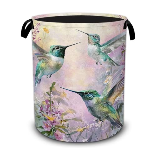 Hummingbird Laundry Basket with Handles,Purple Flower Foldable Oxford Laundry Hamper,Collapsible Clothes Storage Basket for Laundry Room/Bathroom/Bedroom/Dormitories 20.8 x 16 Inches - color: Hummingbird Purple Flower
