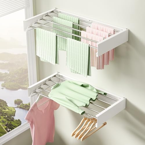 BOQORAD Clothes Drying Rack Wall Mounted 32“,Drying Rack Clothing Wall Mount,Laundry Drying Rack,Wall Mounted Clothes Hanging Rack (White) - color: White