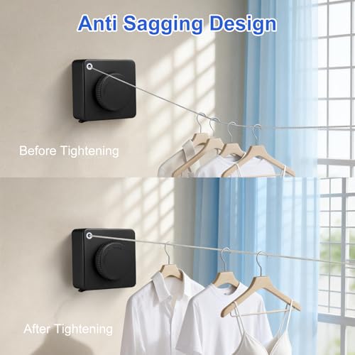 15.7Ft Retractable Clothesline Indoor Outdoor is Also an Anti-sag Clothes line for Indoors, Stainless Steel Wire Retractable Laundry Line for Drying Clothes, with 10 Windproof Clips (Black) - color: Black