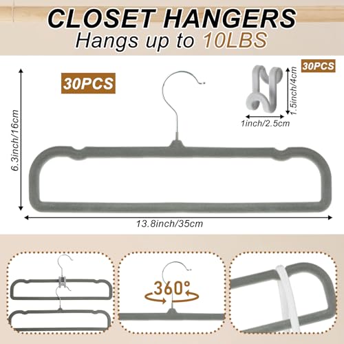 Pants Hangers Space Saving, 30 Pack Velvet Hangers for Closet with 30 Hooks, Strong Durable Non Slip Slim Clothes Hanger, Ultra Soft Flocked Hanger for Pants, Shirts, Bra, Shorts (Grey) - color: Gray