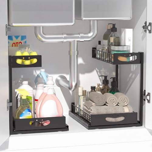 Under Sink Organizer with Pull-Out Drawers,Kitchen Sink Organizer,2 Tier Bathroom Organizers And Storage,Bathroom Accessories Set,Black 2 Pack - color: Black, size: A 2 Pack