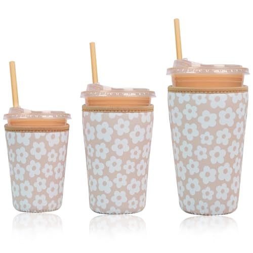 Reusable Insulated Neoprene Iced Coffee Cup Sleeve, Durable Drink Sleeve for Cold Beverages, Beverage Holder for Iced Coffee (Creamy Florals) - color: Creamy Florals