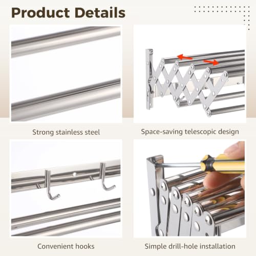 Clothes Drying Rack Wall Mounted with Hooks, 31.5 x 5.7 in Stainless Steel Accordion Collapsible Clothes Drying Rack with 4.7-13.8 in Extension, 7 Rods for Laundry Room Bathroom Balcony