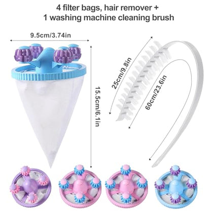 4-Pack Pet Hair Remover for Laundry with Washing Machine Cleaning Brush, Lint Catcher for Washing Machine, Pet Dog Hair Removal Tool, Floating Fur Filtering Mesh Removal