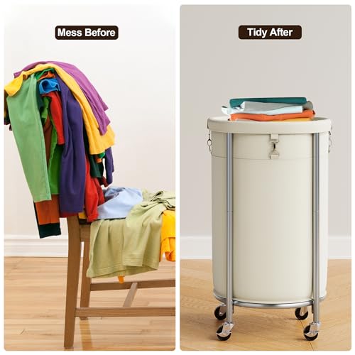 ELYKEN Laundry Basket with Wheels, Round Rolling Laundry Hamper, Cream - color: Cream, size: 110L