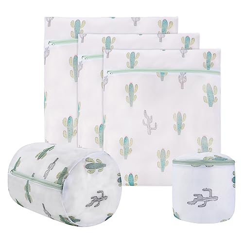 Durable Mesh Zipper Laundry Bags Machine Wash, 5-Piece Cactus Print - color: Cactus