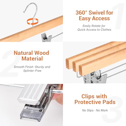 HOUSE DAY Wooden Pants Hangers with Clips, 100 Pack Skirt Hangers, Natural - color: Natural, size: Pack of 100