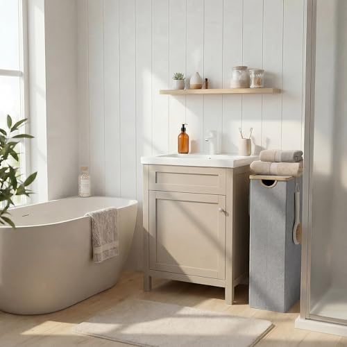 efluky Slim Laundry Basket with Lid, Narrow Laundry Hamper with Removable Bag, Skinny Dirty Clothes Basket with Bamboo Handles for Bathroom, Bedroom & Laundry Room, 75L Light Grey - color: Light Grey, size: 75L