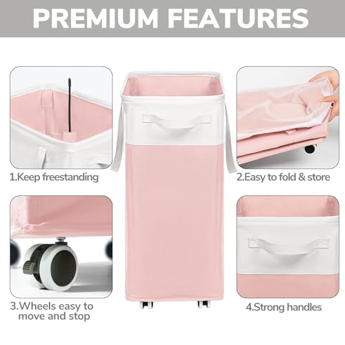 Goodpick 2-Pack Laundry Hamper with Wheels, Dorm Essentials for Girls,75L - color: Pink & White 2-Pack
