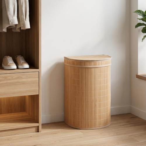 Giantex Bamboo Laundry Hamper with Zippered Lid, 16 Gal Large Capacity Clothes Hamper w/Removable Liner, Half Moon Laundry Basket for Bedroom, Bathroom, Laundry Room (Natural) - color: Natural