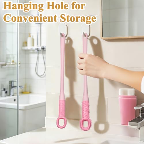 2 Pack Toe Scrubber Brush Long Handle, Soft Rubber Toe Cleaner for Deep Cleaning Exfoliation, Foot Brush for Seniors, Pregnant Women and Limited Mobility No Bend to Use in Shower (Pink)