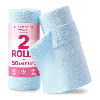 Jessy Home 2 Roll Reusable Paper Towels,100 Sheets Tear Away Microfiber Cleaning Cloth, Lint Free Cleaning Rags for Kitchen, Dishcloth,Household Cleaning Supplies - color: Blue