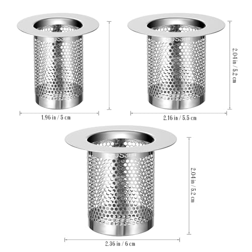 DOITOOL Bathroom Sink Strainer 3Pcs Hair Catcher Shower Drain, Bathtub Drain Cover, Sink Tub Stopper, Deep Stainless Steel Strainer for Bathroom, Fit Hole Size from 1.25 to 2.17