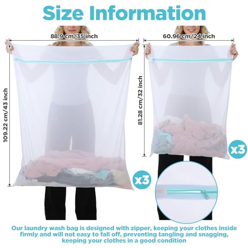 6 Pcs Extra Large Mesh Laundry Bags for Delicates, 43 x 35 and 24 x 32 Inches Jumbo Mesh Wash Garment Dryer Bag Zippered for Washer Dryer Net Bed Sheet Blanket Underwear Lingerie Travel Storage