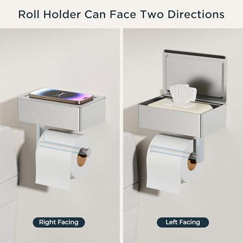FORIOUS Toilet Paper Holder with Shelf, Wall-Mounted Modern Wipes Dispenser - color: Stainless Steel, size: Big 1 Pack-8" (L)