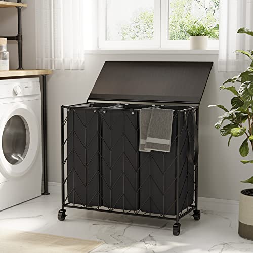 WOWLIVE Laundry Hamper 3 Section with Lid, 142L Laundry Basket with Wheels - color: Black, size: 142l(28.35 x 13 x 26.4 Inches)