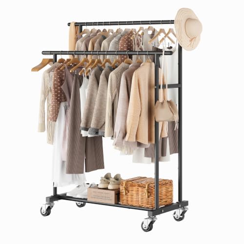 Calmootey Rolling Garment Rack, Sturdy Clothes Organizer for Bedroom - color: Black, style: Double Rods