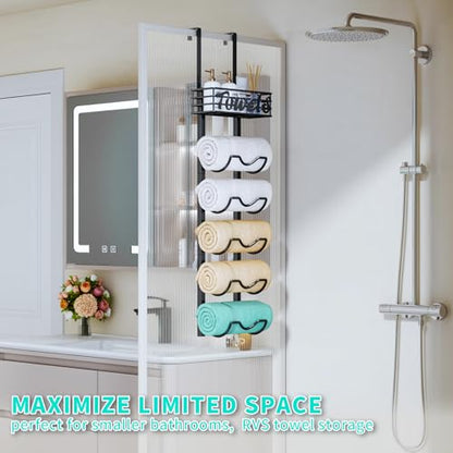 HapiRm Over The Door Towel Rack - 6 Tier Wall Mount Rolled Towel Holder Storage Organizer Shelf with Storage Basket for Small Bathroom, Rv, Camper - Black - size: 6-Tier Wall Mounted