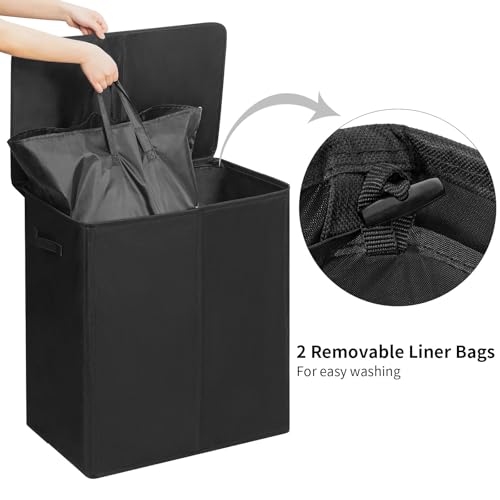 WOWLIVE 140L Double Laundry Hamper 2 Section with Lid and Removable Bags - color: Black, size: 140l (23.6x 13.8x 25.6 Inches)