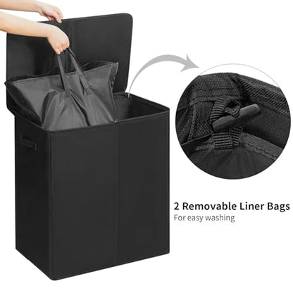 WOWLIVE 140L Double Laundry Hamper 2 Section with Lid and Removable Bags - color: Black, size: 140l (23.6x 13.8x 25.6 Inches)